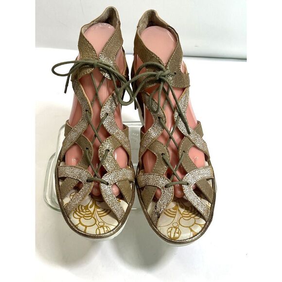 Fly London Sandals Size 10- 10.5 41 EU Gladiator Heeled Lace Up Metallic - Picture 4 of 16